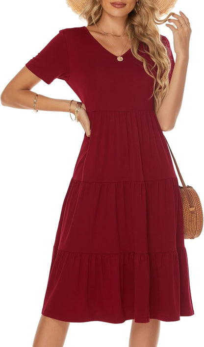 Women'S Casual Summer Tiered Midi Dress 2026 V Neck Boho Sundress
