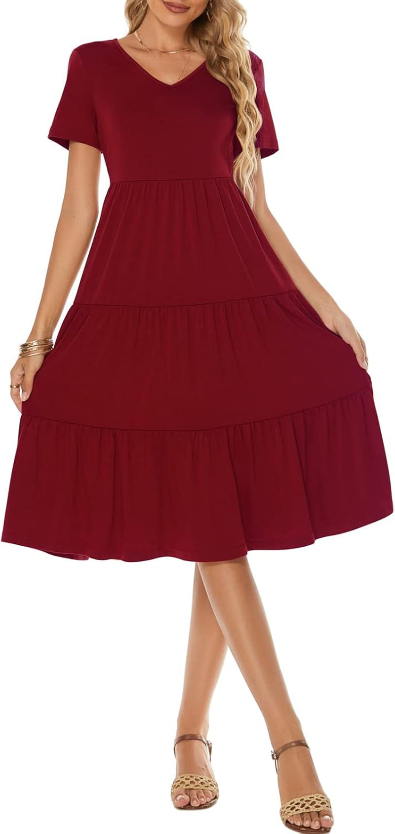 Women'S Casual Summer Tiered Midi Dress 2026 V Neck Boho Sundress