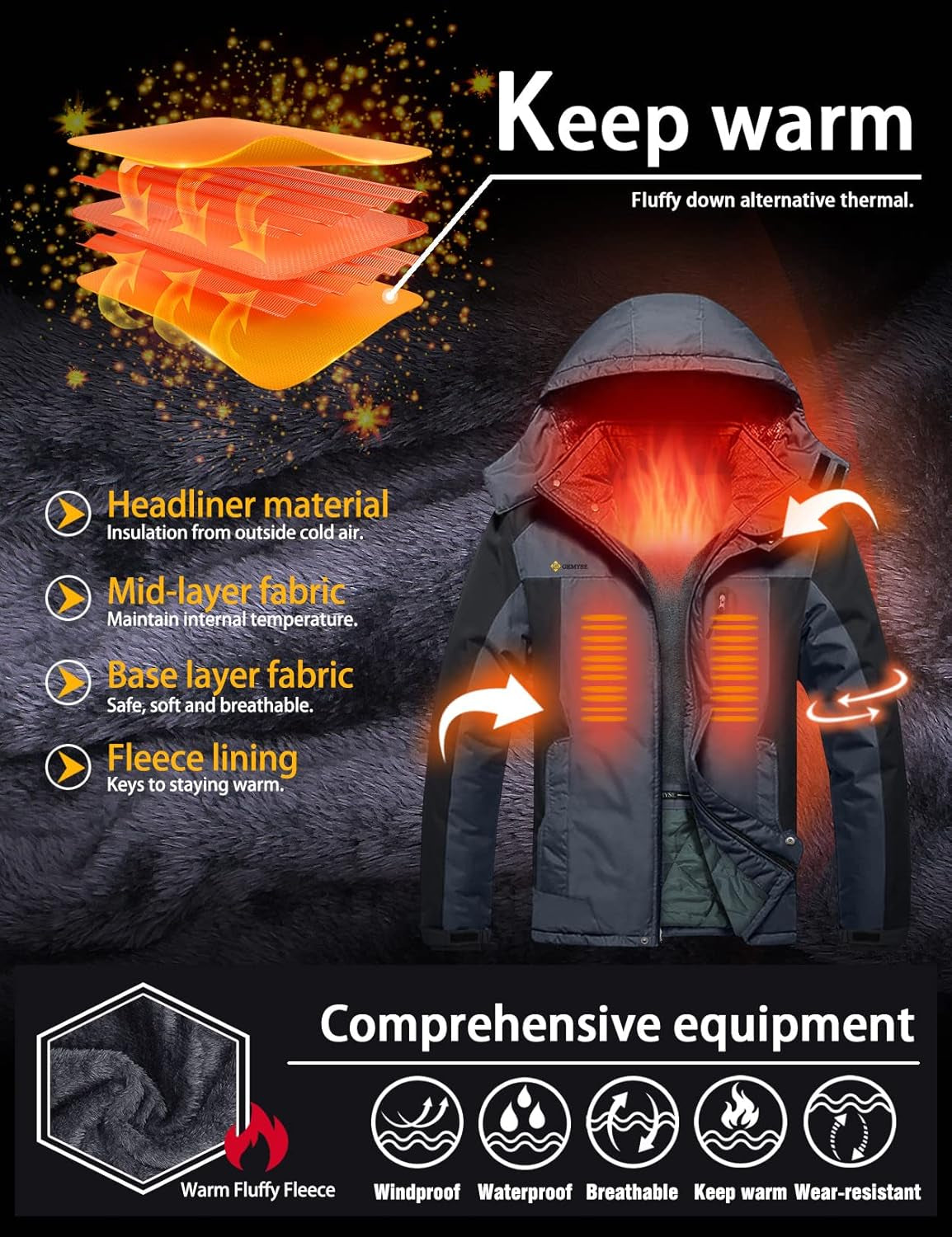 Men'S Winter Ski Jacket Waterproof Snow Coat with Detachable Hood