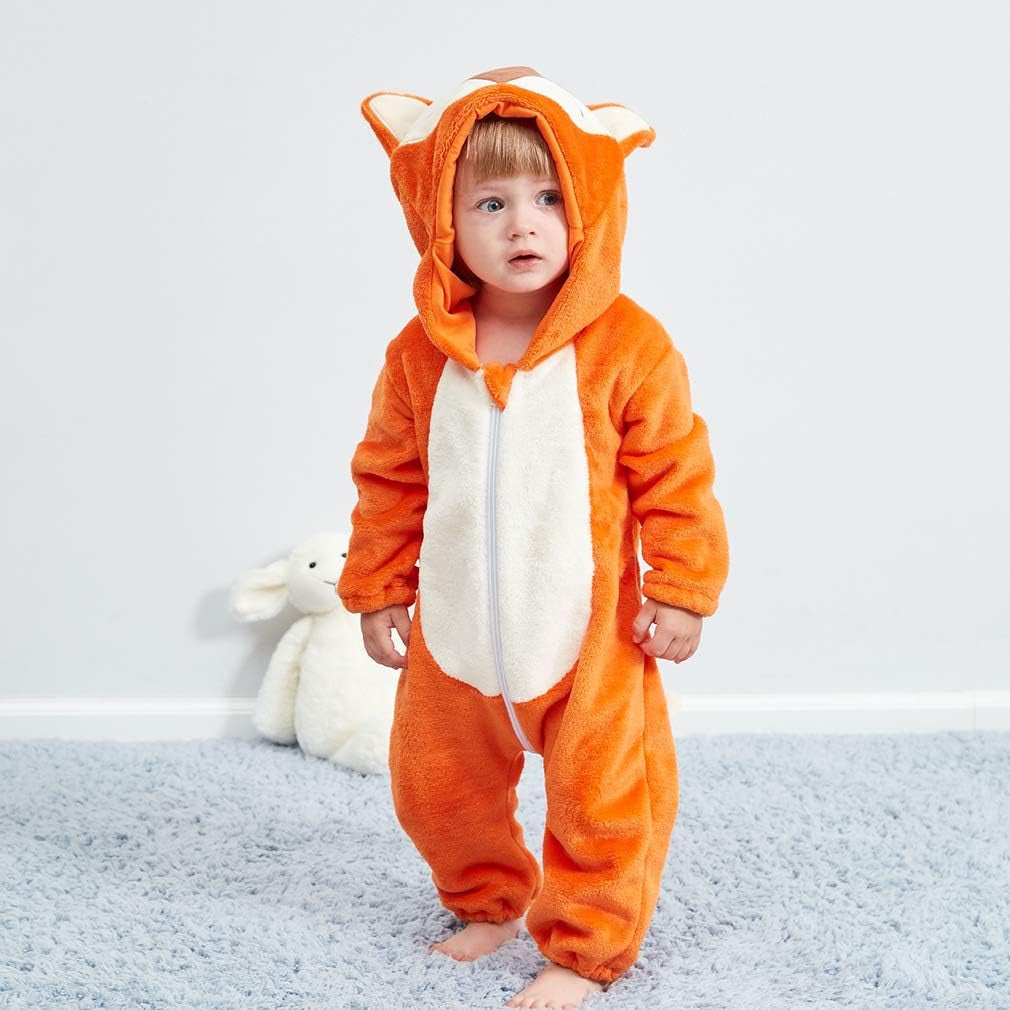 Unisex Baby Animal Costume Flannel Hooded Romper Cosplay Jumpsuit
