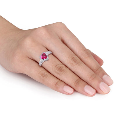 Women'S Created Sapphire and Ruby Sterling Silver Engagement Ring
