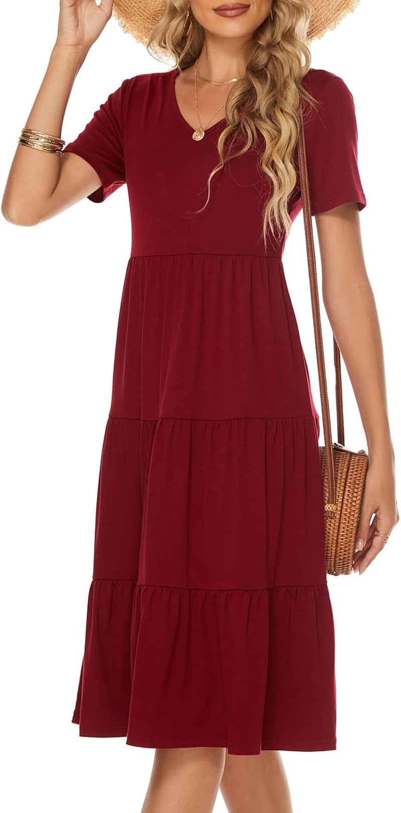 Women'S Casual Summer Tiered Midi Dress 2026 V Neck Boho Sundress