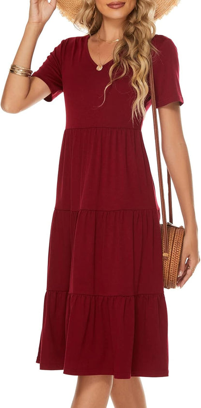Women'S Casual Summer Tiered Midi Dress 2026 V Neck Boho Sundress
