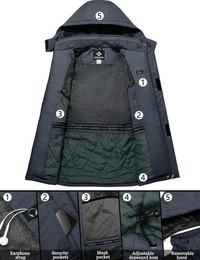Men'S Winter Ski Jacket Waterproof Snow Coat with Detachable Hood