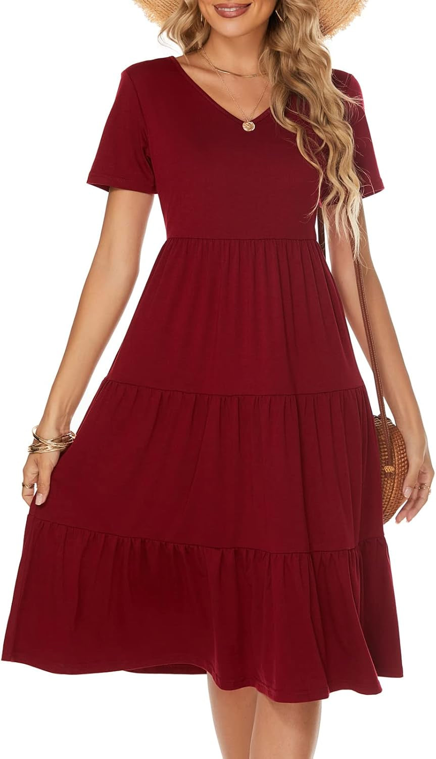 Women'S Casual Summer Tiered Midi Dress 2026 V Neck Boho Sundress