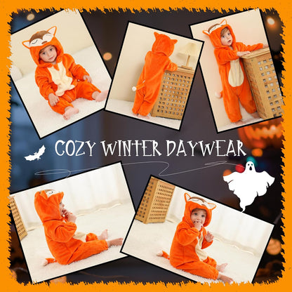 Unisex Baby Animal Costume Flannel Hooded Romper Cosplay Jumpsuit