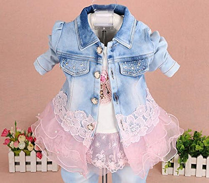 Baby Girls Denim Clothing Sets 3 Pieces Sets T Shirt Denim Jacket and Jeans