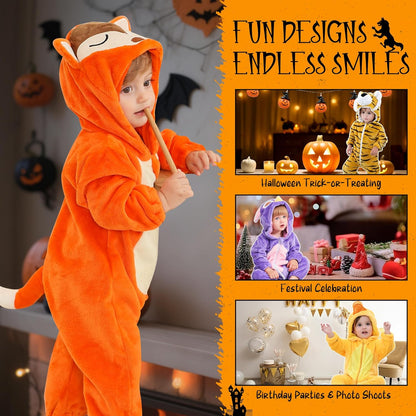 Unisex Baby Animal Costume Flannel Hooded Romper Cosplay Jumpsuit