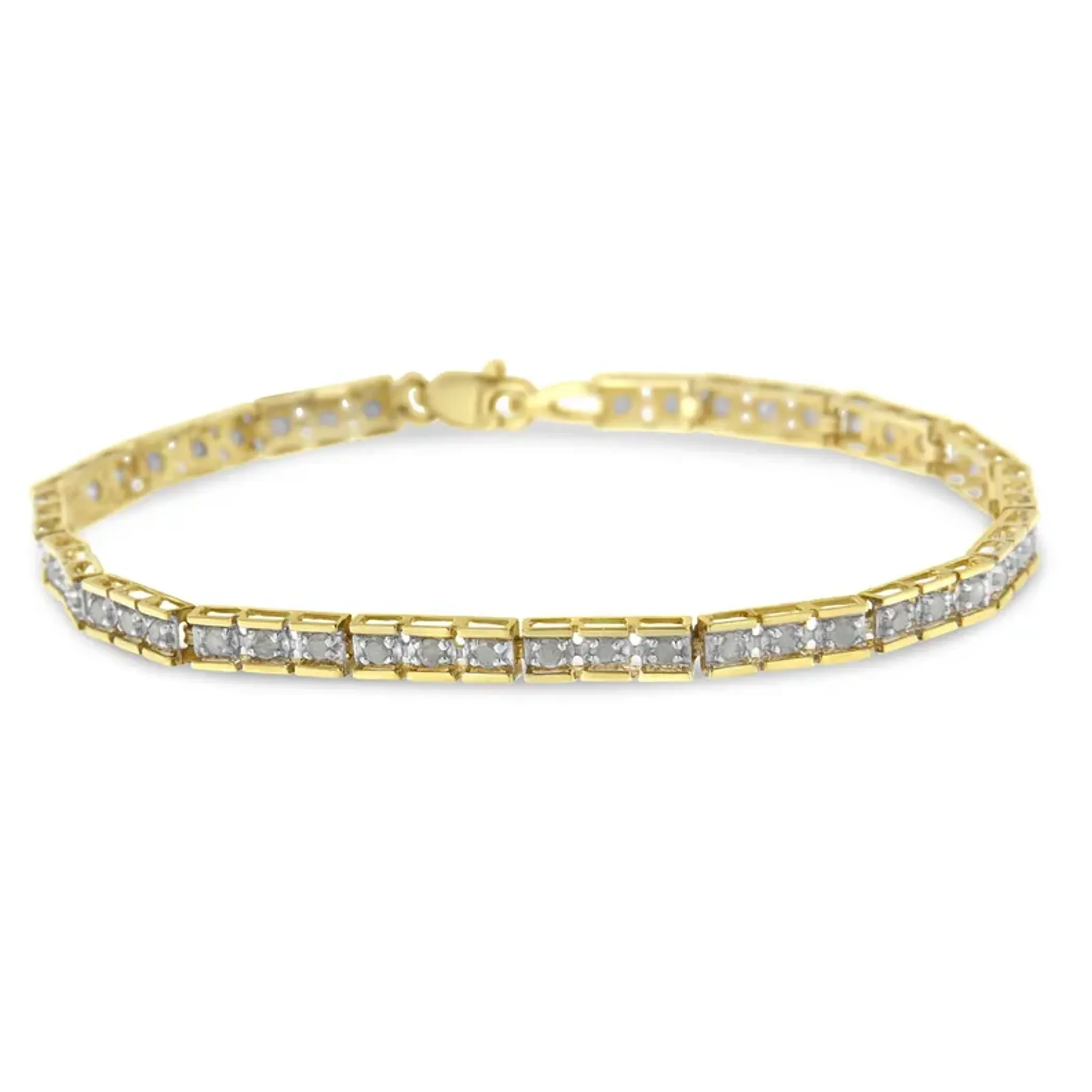 10K Yellow Gold over .925 Sterling Silver 1.0 Cttw Diamond Square Hybrid Link 7" Tennis Bracelet (I-J Color, I2-I3 Clarity)