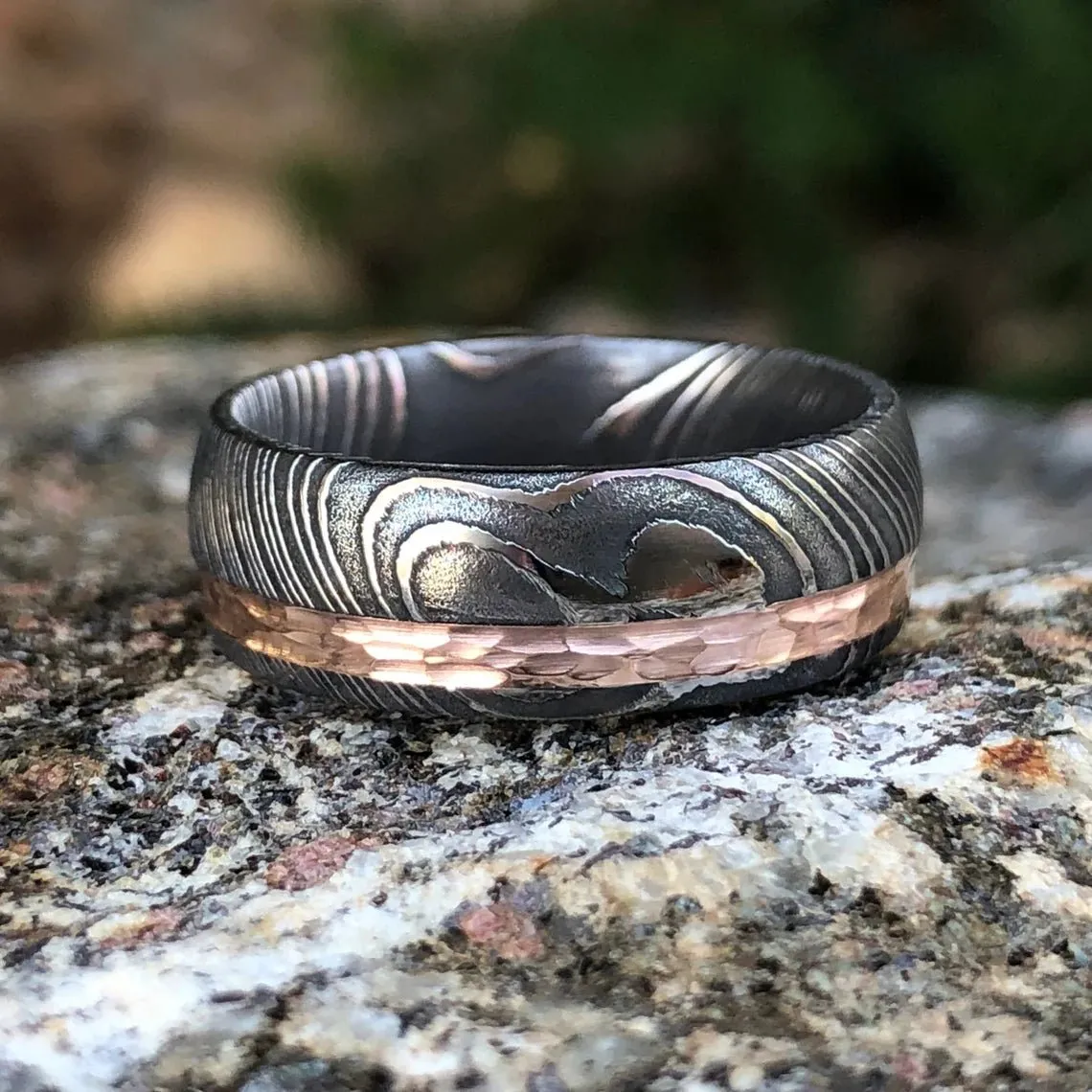 14k Rose Gold Damascus Steel Ring Custom USA Made Rings