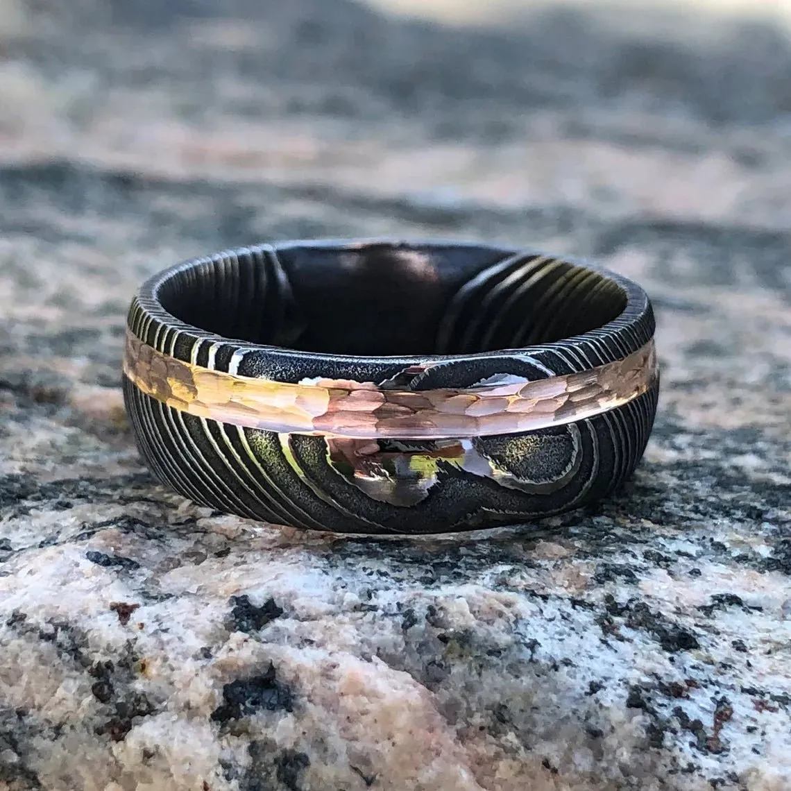 14k Rose Gold Damascus Steel Ring Custom USA Made Rings