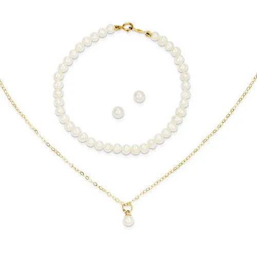 14k Yellow Gold Children's Cultured Pearl Necklace, Bracelet & Earrings Set