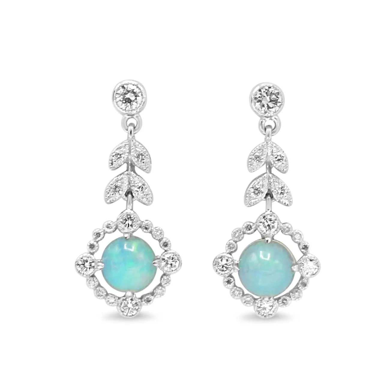 18ct White Gold Diamond & Opal Drop Earrings