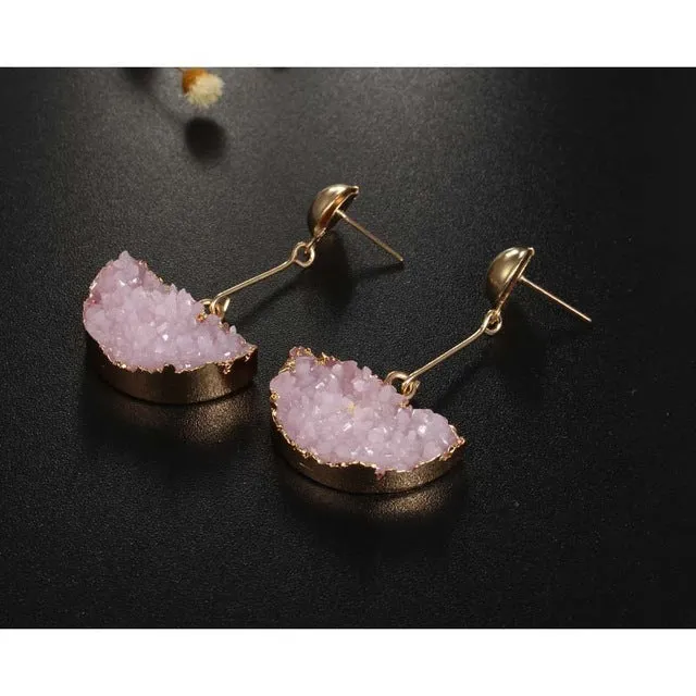 1Pair Resin Stone Druzy Earings For Women Jewelry Handmade Semicircle Drusy Drop Dangle Earing Eardrop Long Earrings E1450