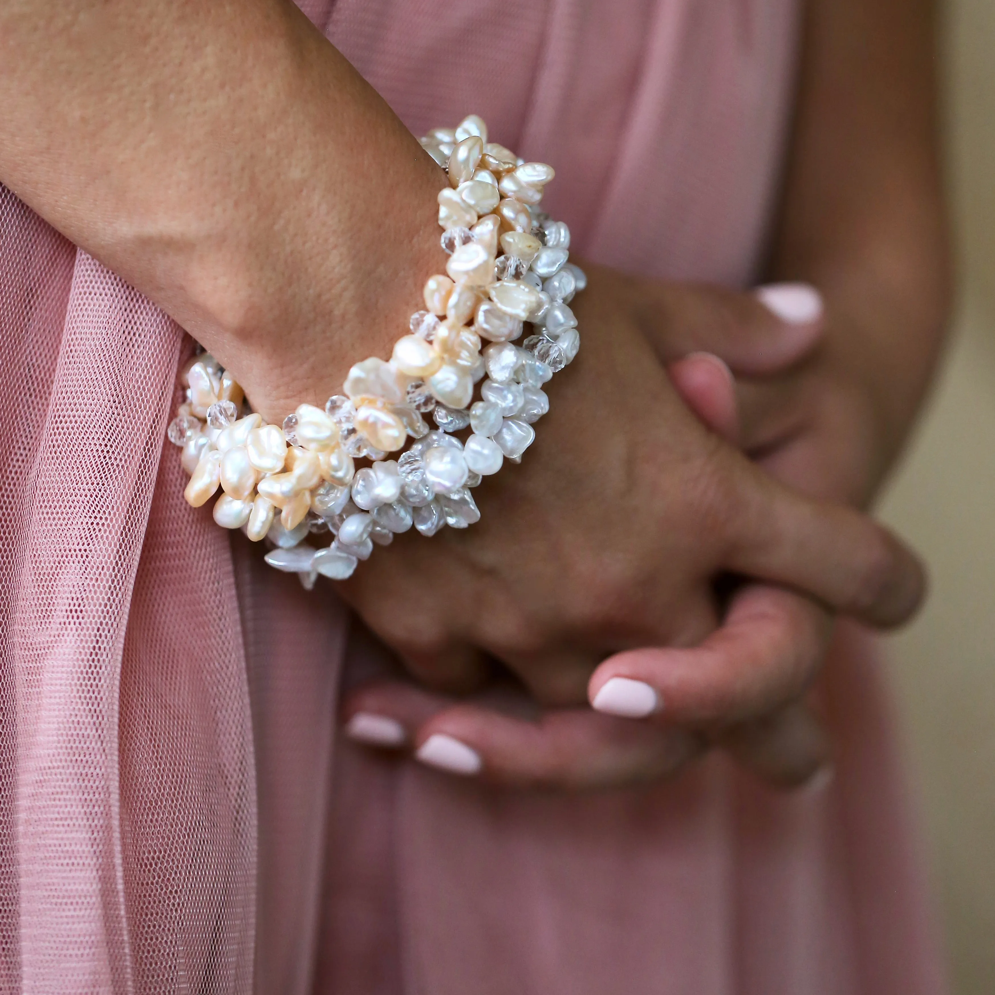 209-02 | 3-STRAND PINK KESHI PEARL & CRYSTAL BRACELET