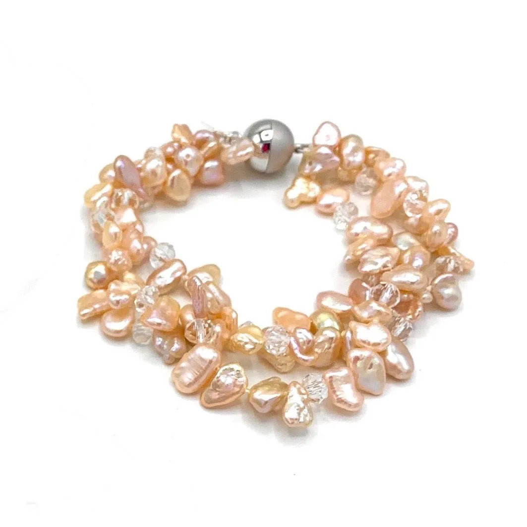 209-02 | 3-STRAND PINK KESHI PEARL & CRYSTAL BRACELET