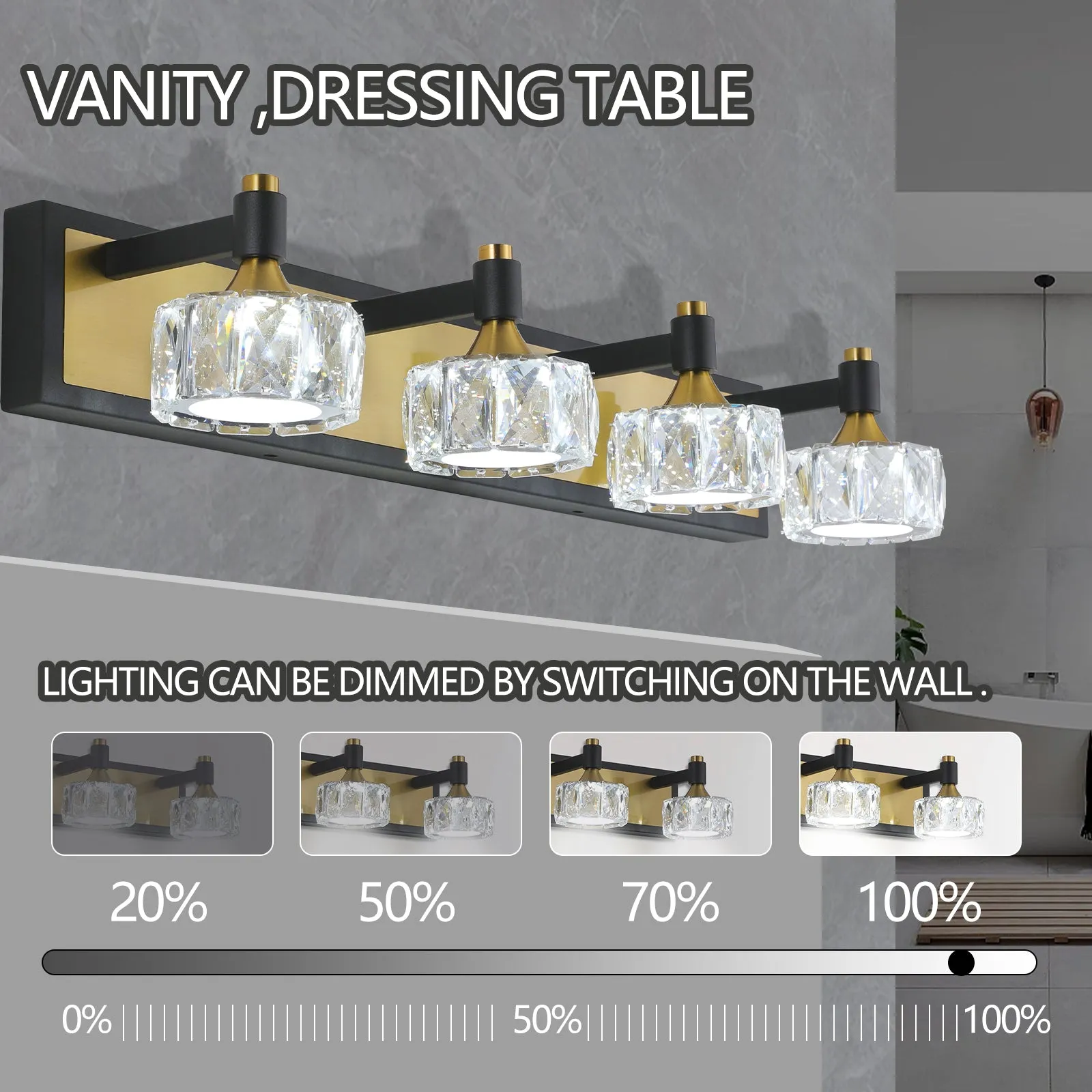 27.6" Luxury Modern Crystal Vanity Light Bathroom Mirror Light LED 4-Light Wall Lighting Fixture