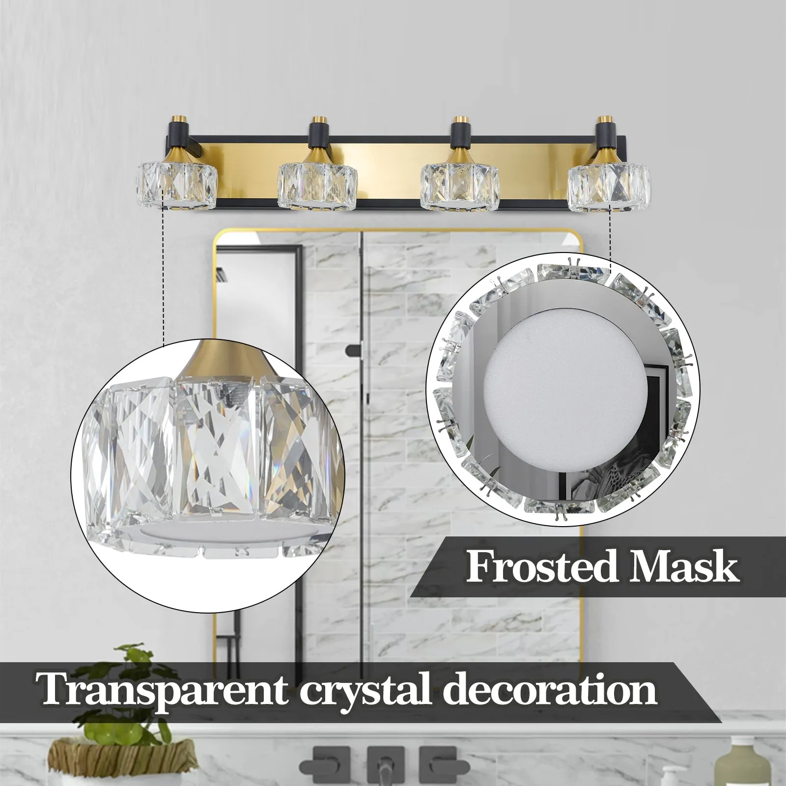 27.6" Luxury Modern Crystal Vanity Light Bathroom Mirror Light LED 4-Light Wall Lighting Fixture