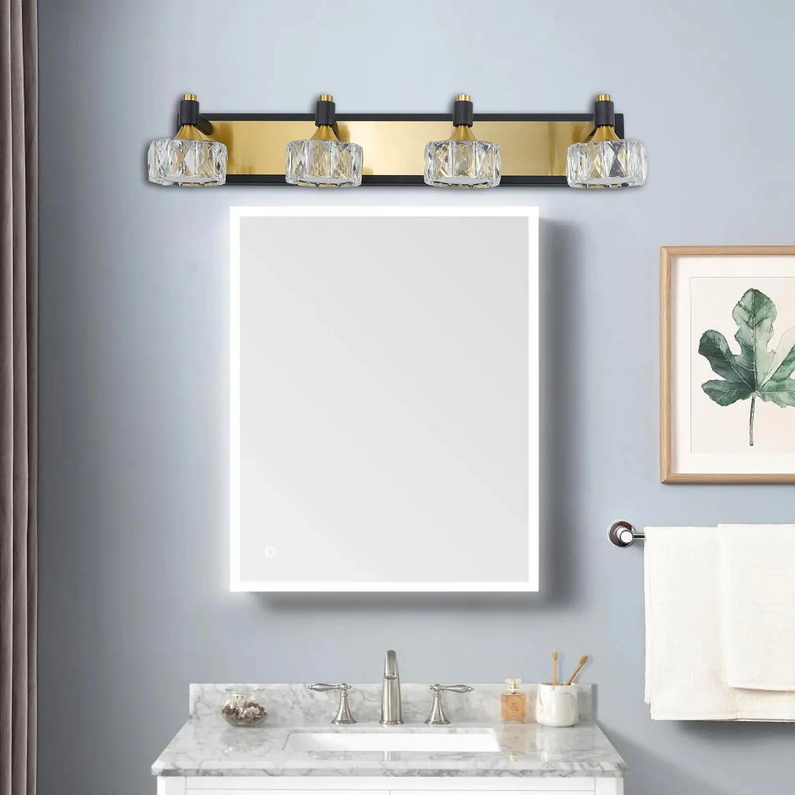 27.6" Luxury Modern Crystal Vanity Light Bathroom Mirror Light LED 4-Light Wall Lighting Fixture