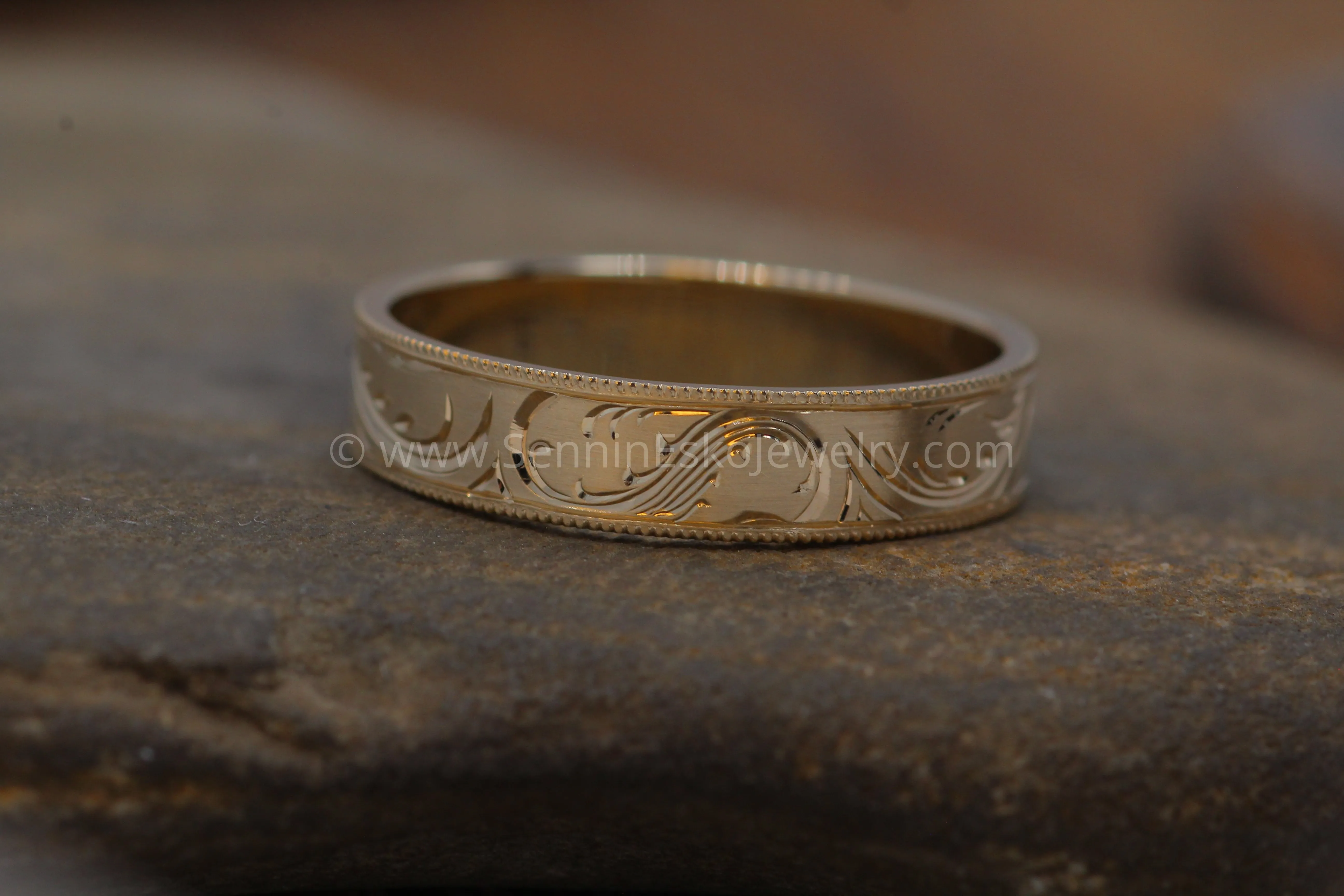 5x1mm Branches and Leaves Variation 2 14kt Yellow Gold Bright Cut Engraved Band