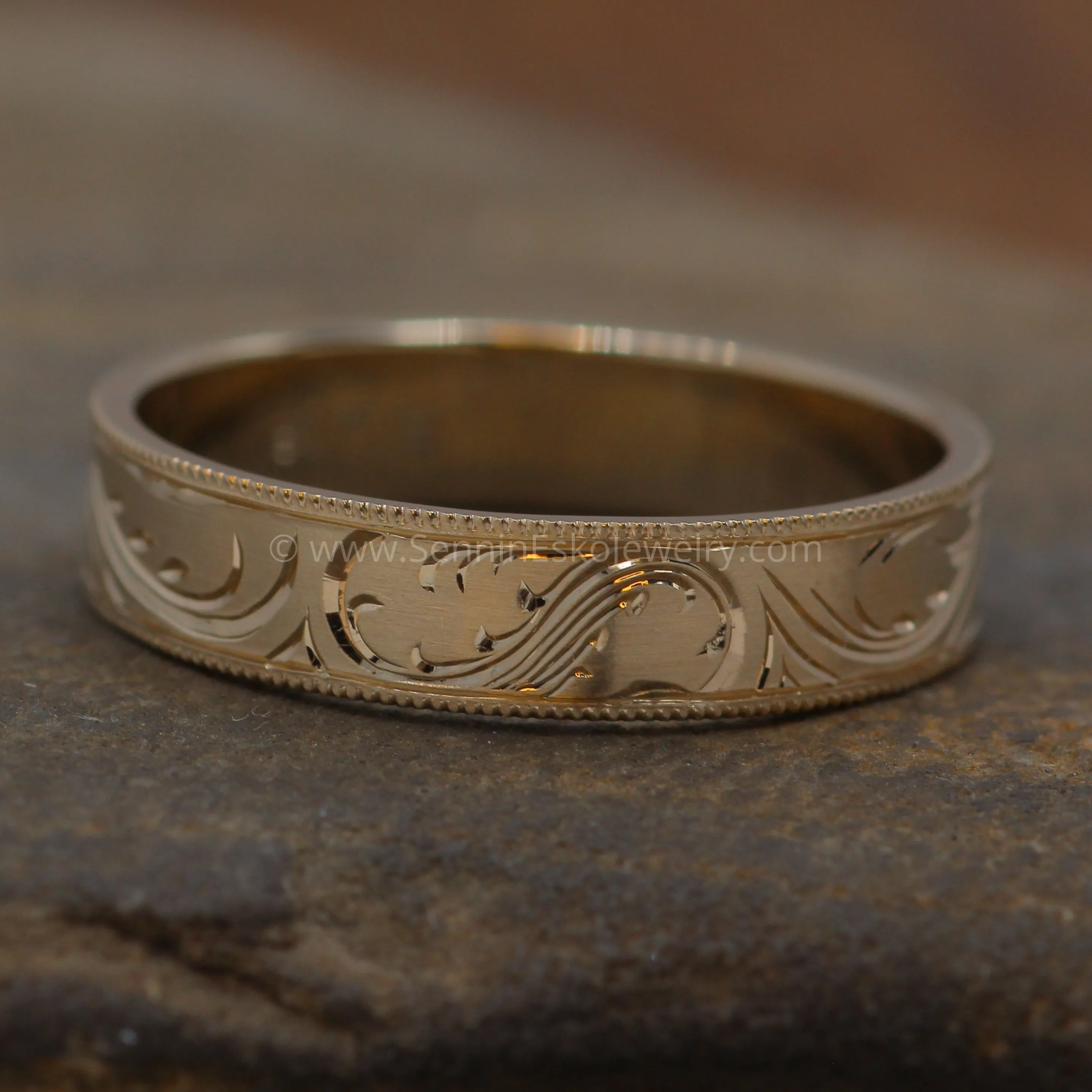 5x1mm Branches and Leaves Variation 2 14kt Yellow Gold Bright Cut Engraved Band