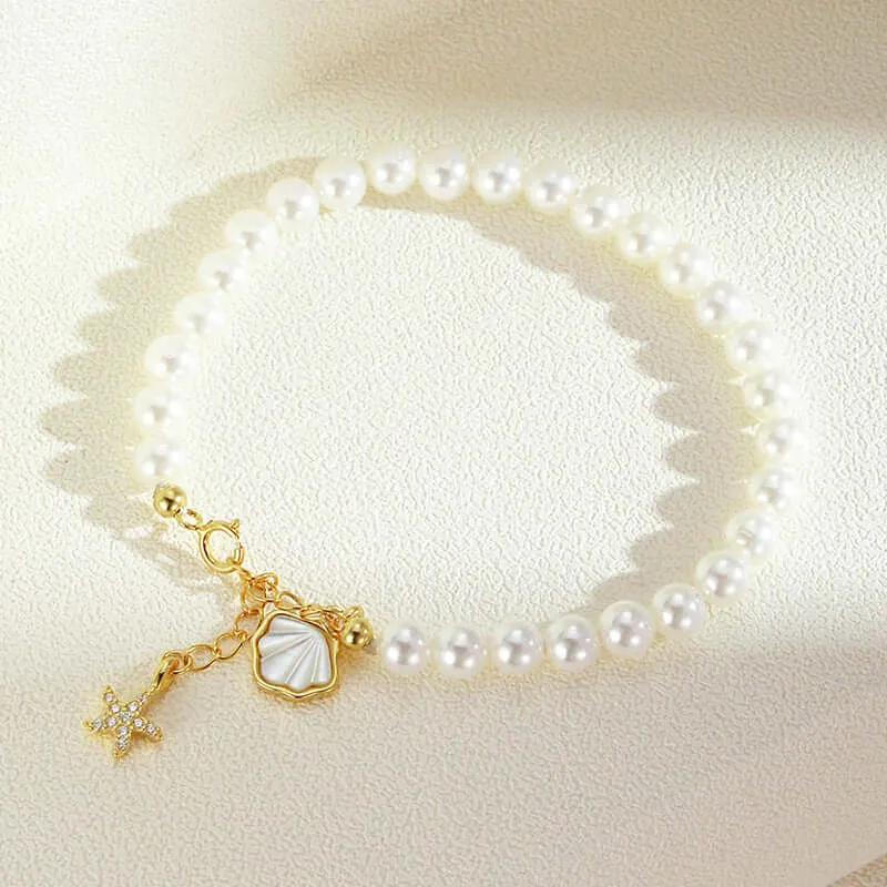 925 Silver Pearl Shell CZ Diamond Starfish Bracelet