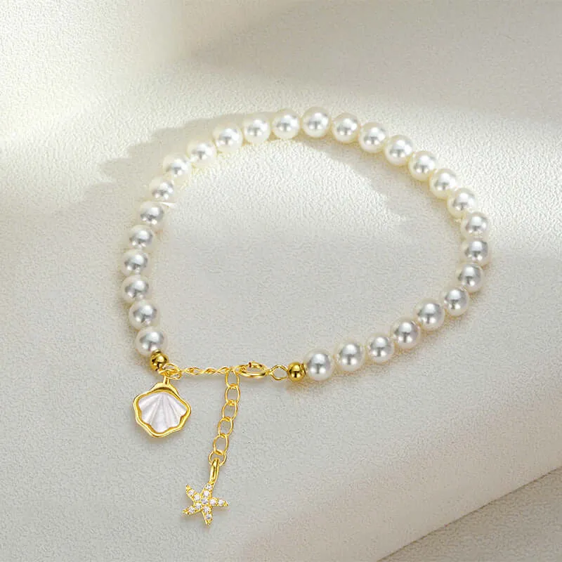 925 Silver Pearl Shell CZ Diamond Starfish Bracelet