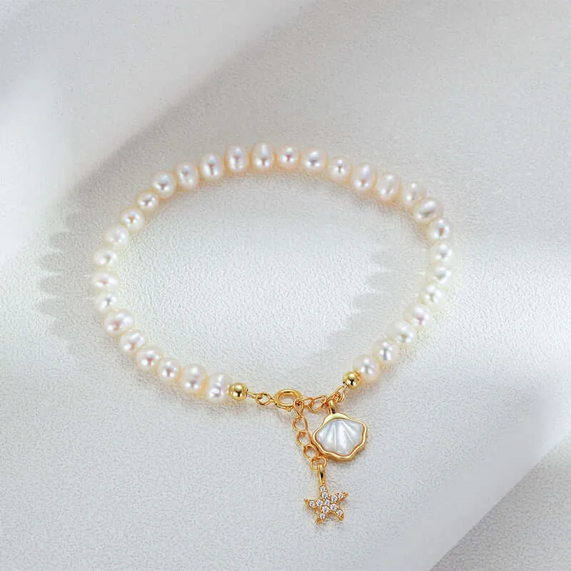 925 Silver Pearl Shell CZ Diamond Starfish Bracelet