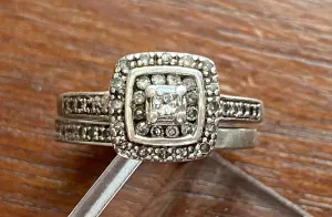 AGW Platinaire Princess .50ctw Halo Diamond Wedding Ring Band Set Sz 5