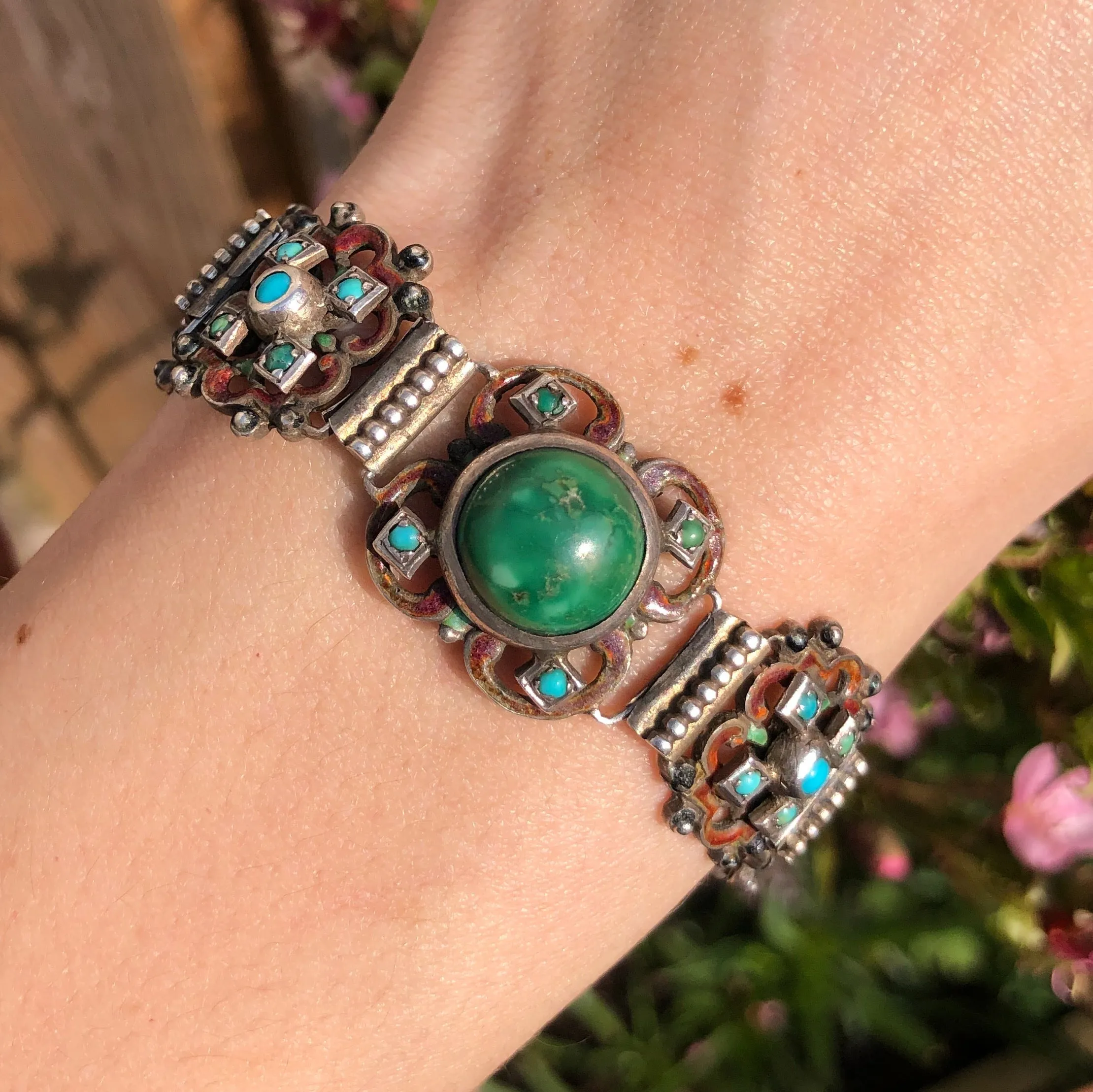 Antique Austro Hungarian Silver Turquoise Enamel Panel Bracelet