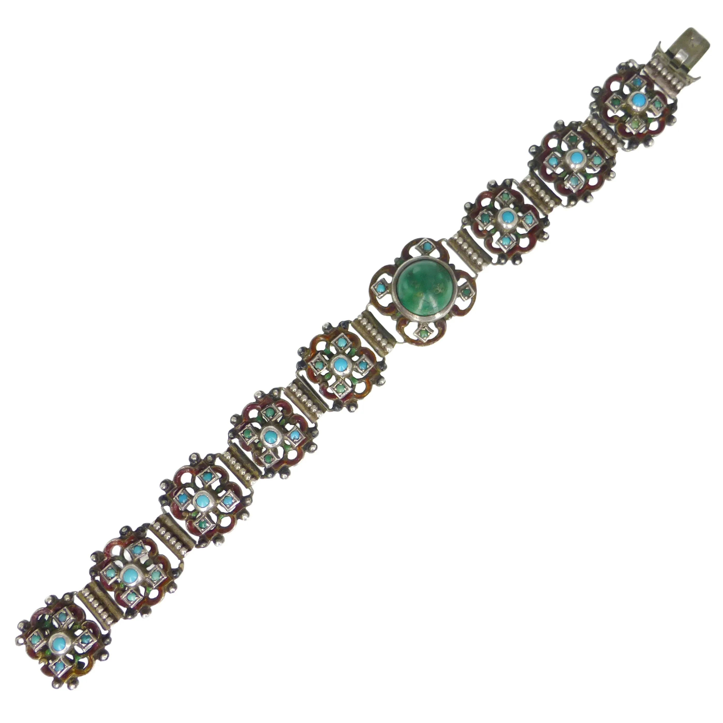 Antique Austro Hungarian Silver Turquoise Enamel Panel Bracelet