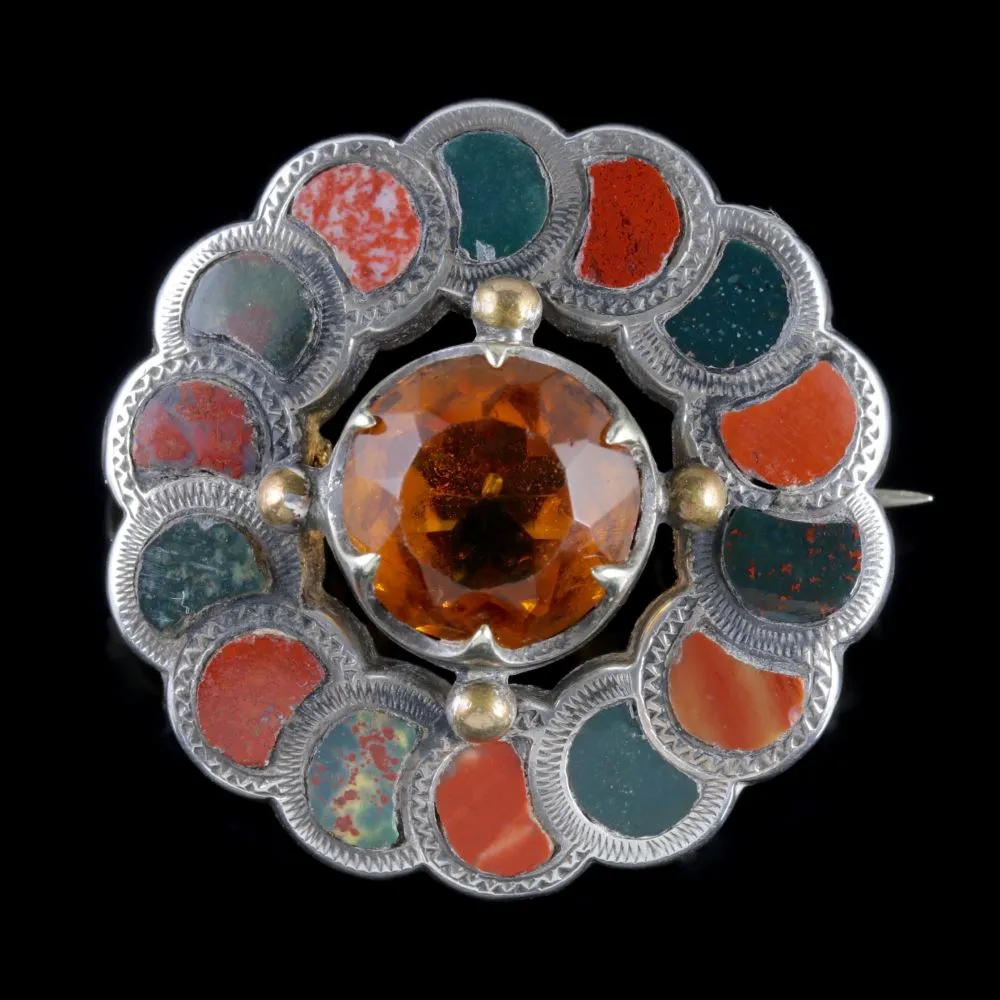 Antique Scottish Victorian Brooch Agate Silver Circa 1860