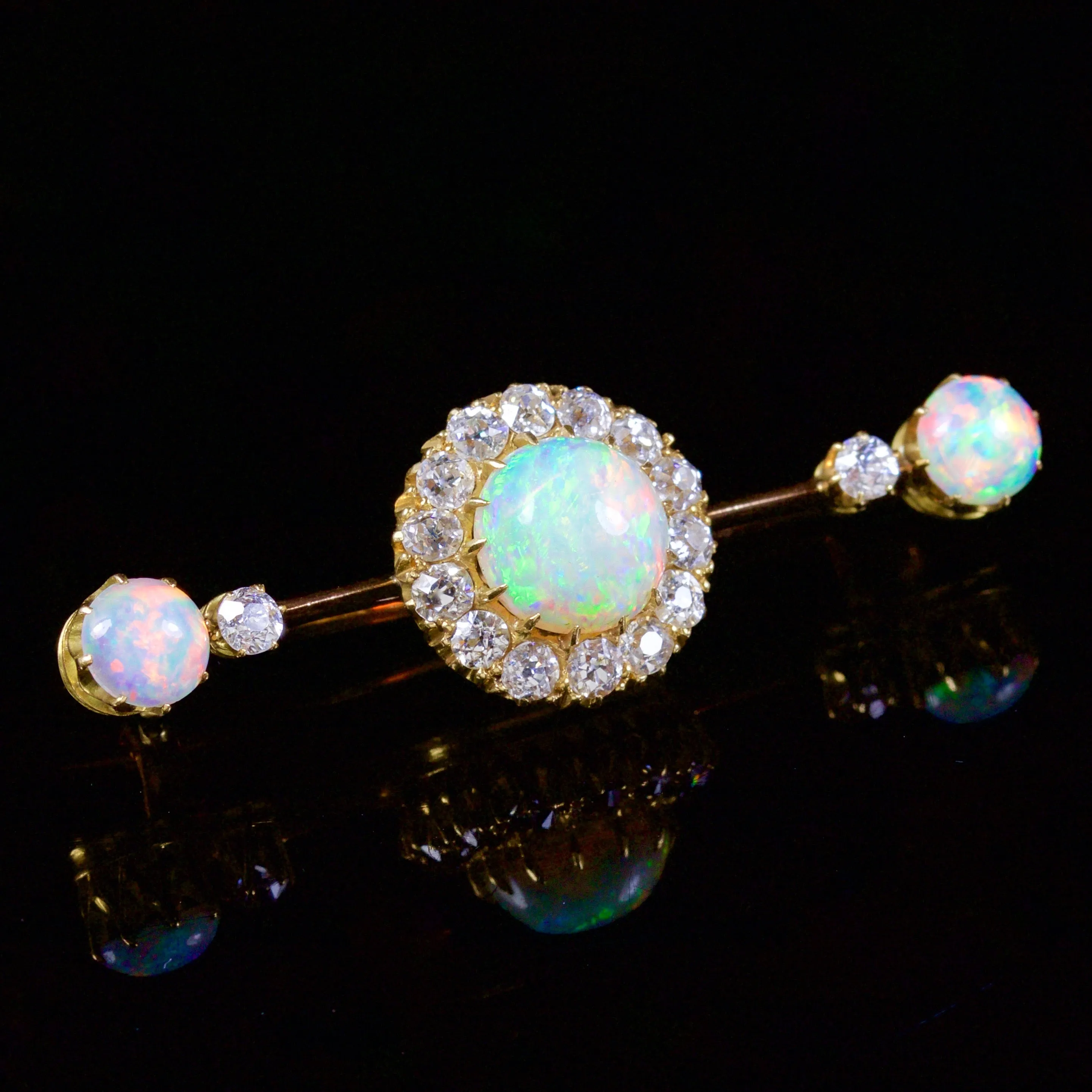 Antique Victorian Opal Diamond Brooch 18Ct Gold Circa 1880