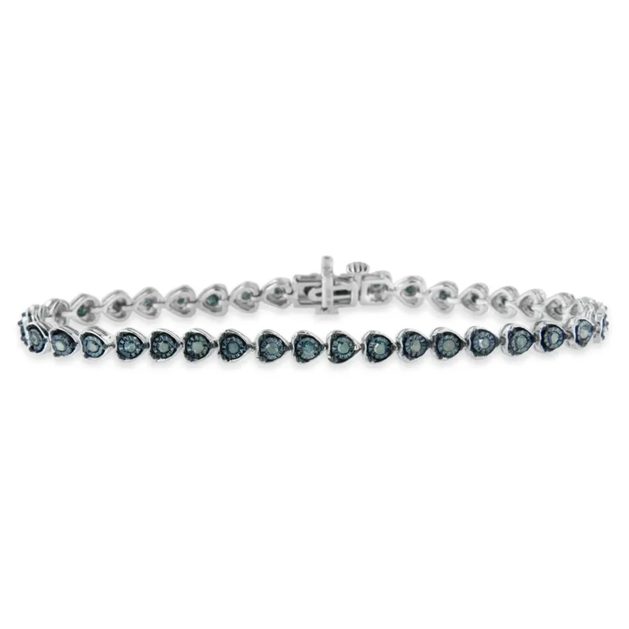 Black Rhodium over .925 Sterling Silver 1.0 Cttw Miracle Set Diamond Heart-Link 7" Tennis Bracelet (Blue Color, I2-I3 Clarity)