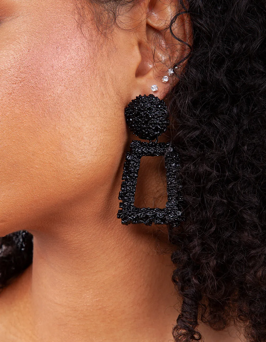 Black Textured Geometric Drop Earrings