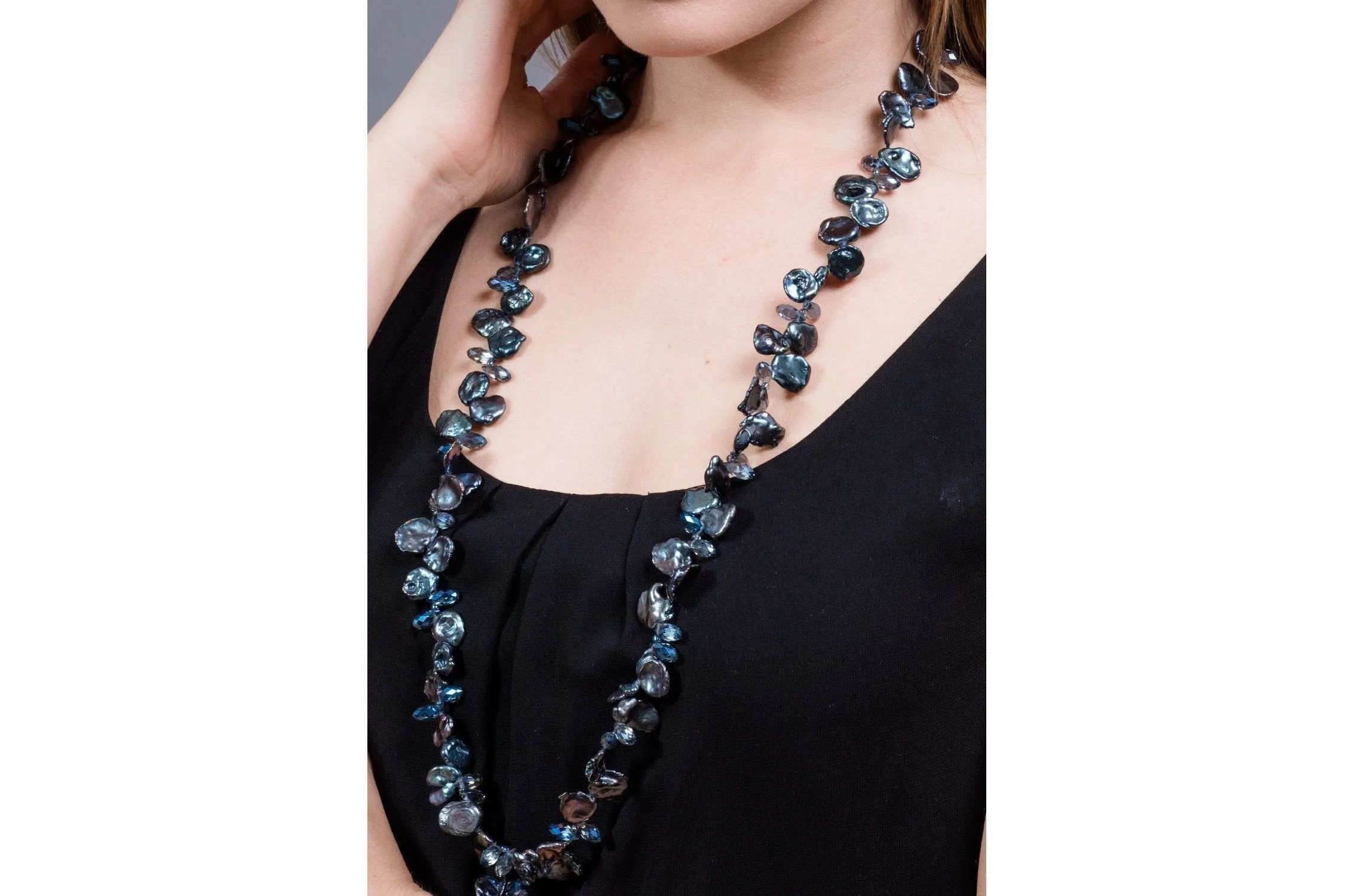 Blue Freshwater Keshi Pearl and Crystal Long Necklace and Bracelet Set