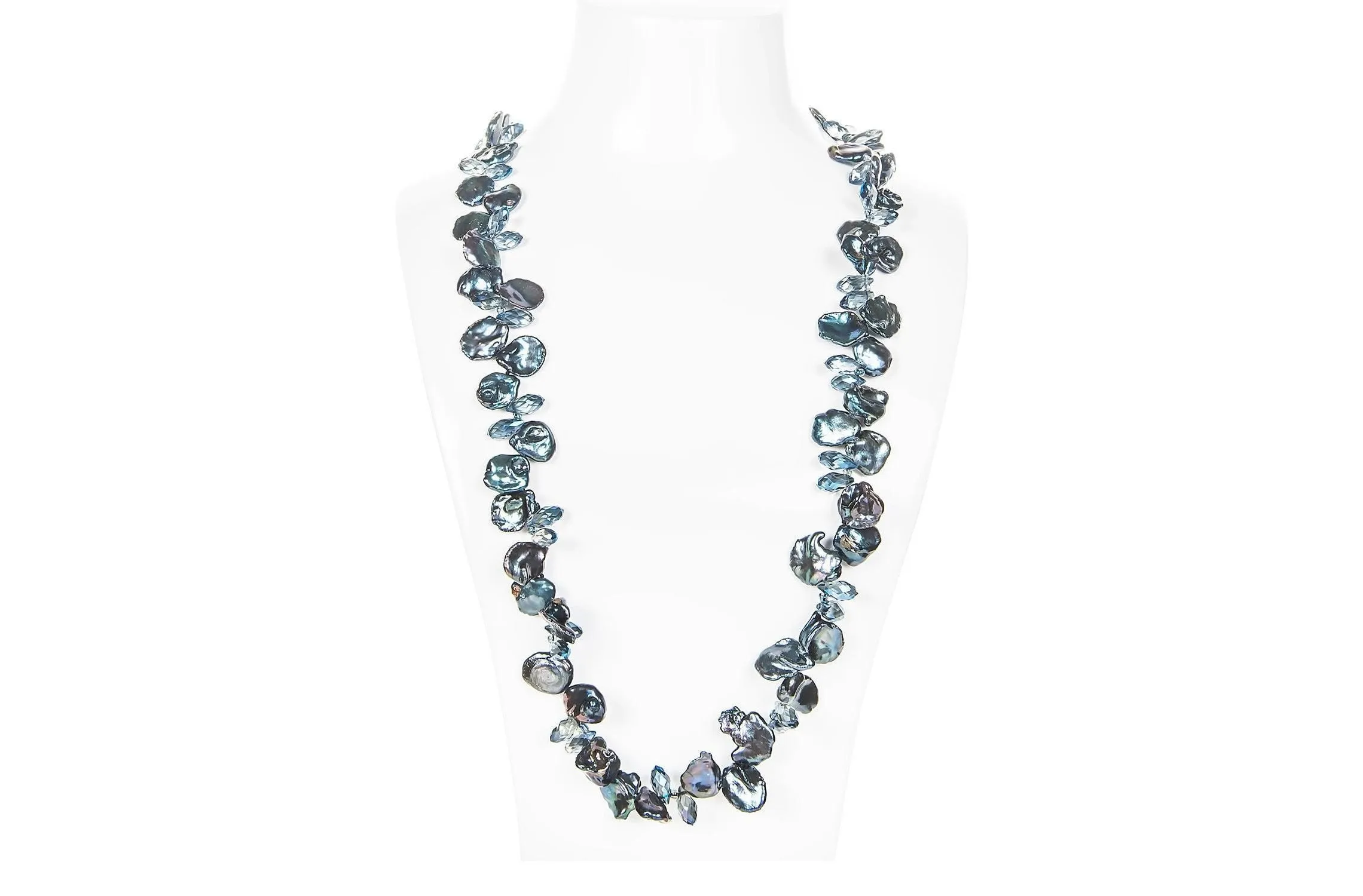 Blue Freshwater Keshi Pearl and Crystal Long Necklace and Bracelet Set