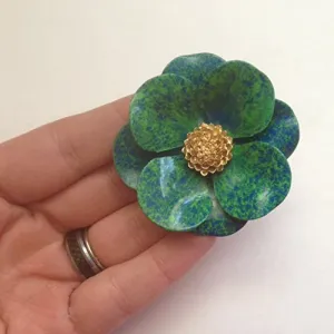 Blue Green Brooch with Gold Tone Accent