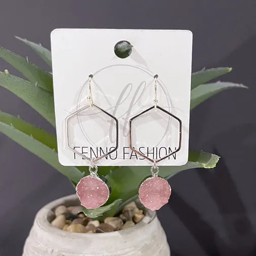 Blush Pink Oval Druzy & Silver Hexagon Earrings