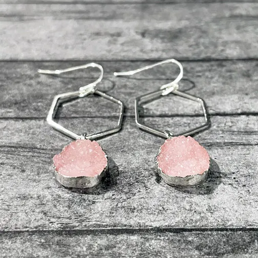 Blush Pink Oval Druzy & Silver Hexagon Earrings