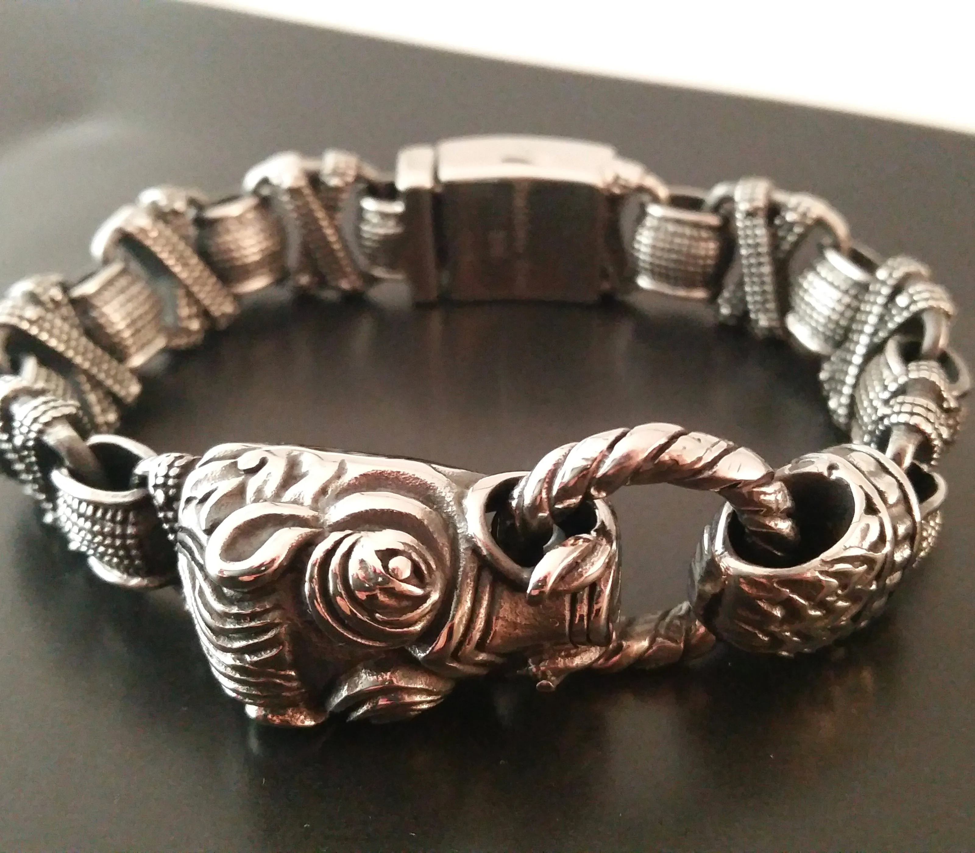 Boar Bracelet Silver Chain Mens Norse Viking Style