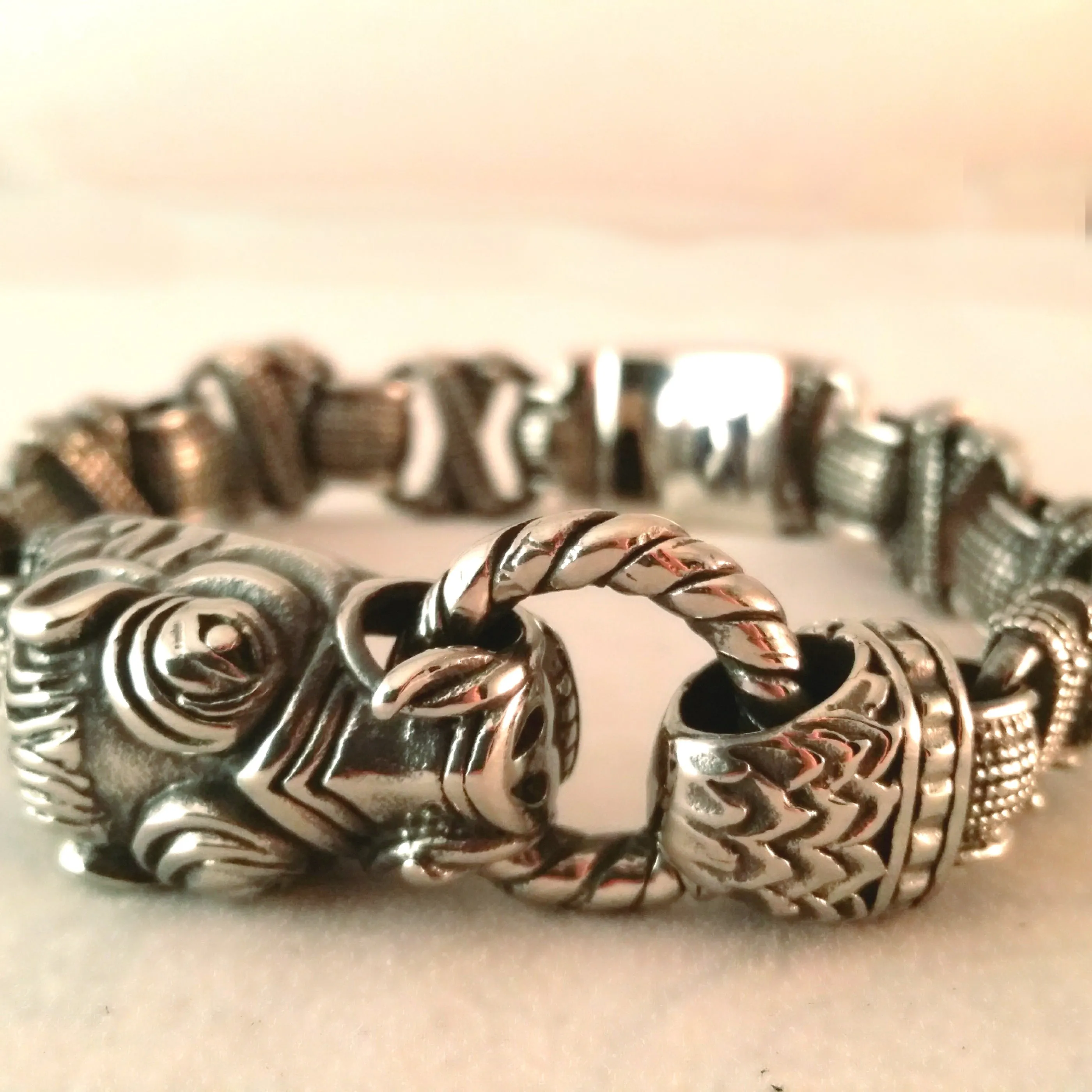 Boar Bracelet Silver Chain Mens Norse Viking Style