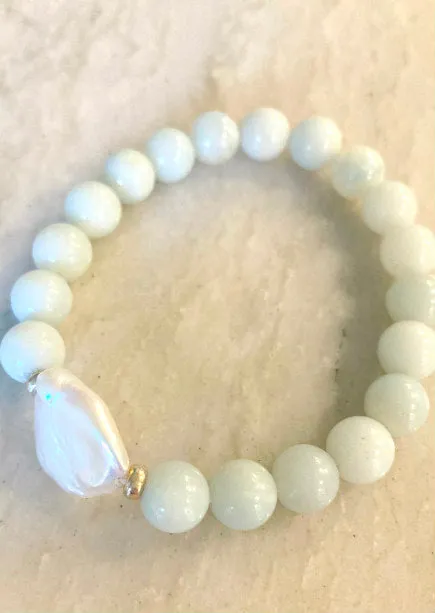 Brianna Pearl Bracelet | Amazonite Gemstone Stretchy Bracelet with Keshi Pearl | By Pearly Girls