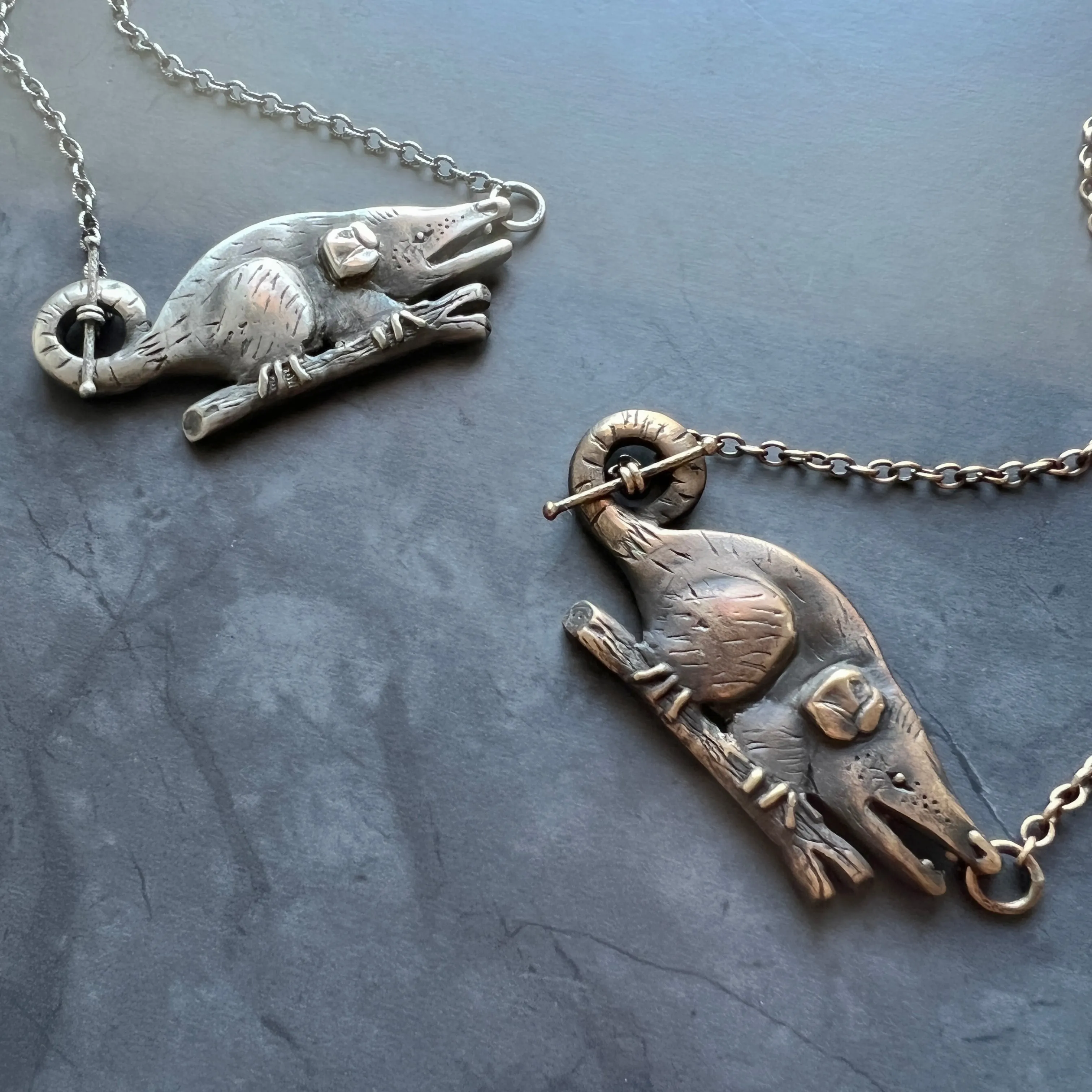 Bronze Hand Carved Opossum Necklace Featuring Hand Fabricated Toggle and Smooth Cable Chain -- Possum Statement Necklace