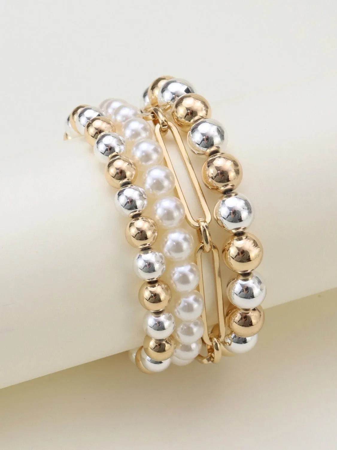 CB2164 Pearl Bead Metal Link Bracelet Set