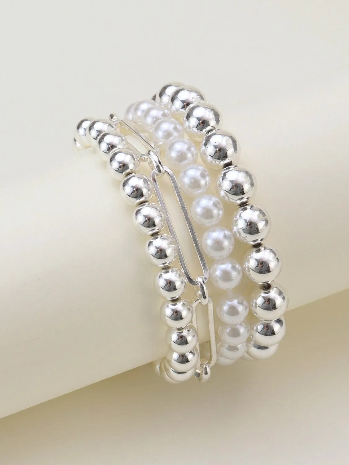 CB2164 Pearl Bead Metal Link Bracelet Set