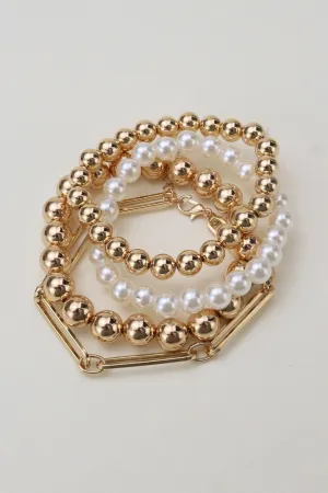 CB2164 Pearl Bead Metal Link Bracelet Set