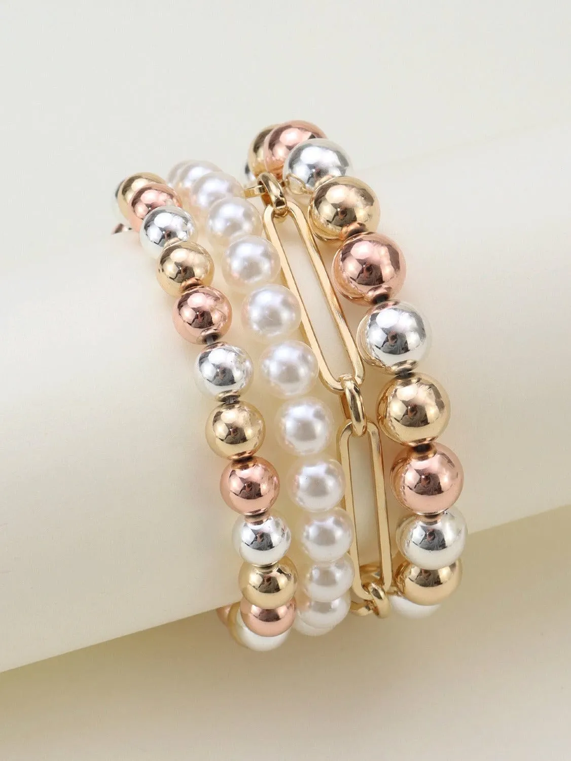 CB2164 Pearl Bead Metal Link Bracelet Set