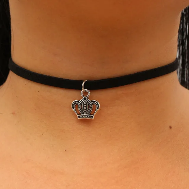 Choker Necklaces Women Black Velvet Suede Leather Chain Short Collares Fashion Jewelry Crown Peace Gothic 90's Bijoux Steampunk