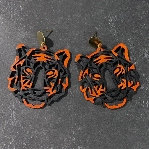 CINCINNATI BENGALS ORANGE & BLACK TIGER STATEMENT EARRINGS (GOLD OR SILVER POSTS)